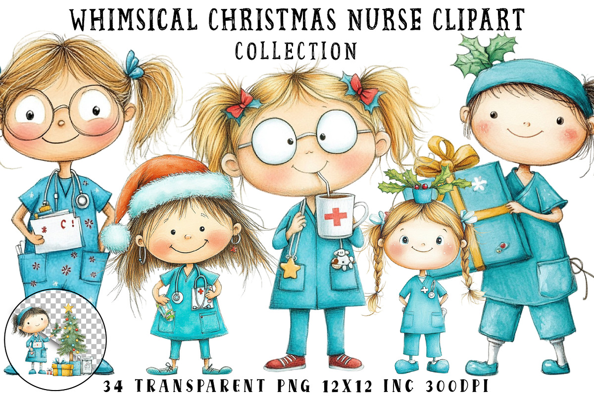 Whimsical Christmas Nurse Clipart, an Illustration by OK Design (Photo 1 of 6)