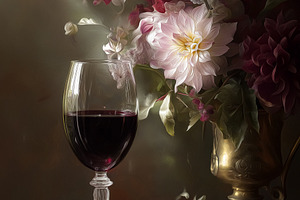Still life composition with red wine glass and mixed flowers in an antique meta, a Food & Drink Photo by Studio ANNA