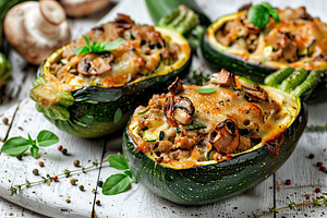 Zucchini stuffed with cheese and meat on wooden background, a Food & Drink Photo by AlyaAnd