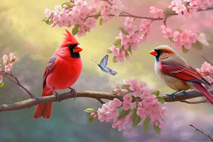 Two Charming Birds Standing On Cherry Blossom Tree Branch Togeth