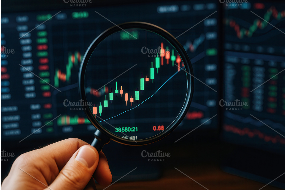 A hand holding a magnifying glass, a Finance Illustration by Sergey Kotenev