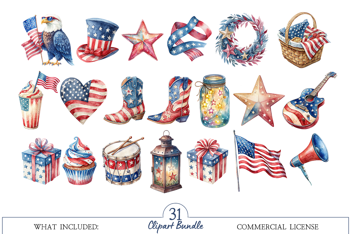 Watercolor 4th of July Kids Clipart, a Decorative Illustration by MockupWizard (Photo 2 of 5)