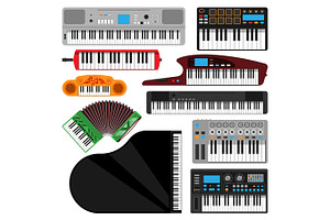 Keyboard Musical Instruments Isolated Classical Melody Studio Acoustic Shiny Musician Equipment And Orchestra Piano Composer Electronic Sound Vector.