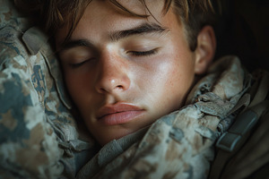 A young Caucasian male soldier peacefully sleeping, surrounded by military gear, a Person Photo by ImageMir