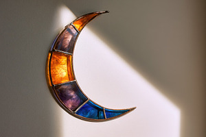Stained glass crescent moon Halloween wall decoration, an Abstract Photo by José Manuel Gelpi