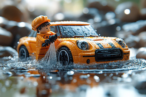 Young boy plays with toy car in pudd, a Photo by Tanuart