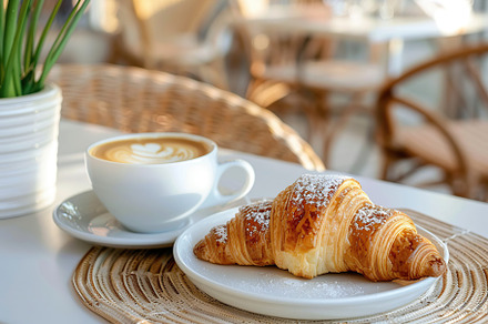 Cup of coffee and croissant on table in cafe with sunlights, a Food & Drink Photo by AlyaAnd