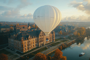 Hot air balloon floating over a hist, a Photo by Tanuart