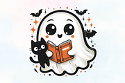 Cute Halloween Ghost Reading Book, an Illustration by CraftArtStudio (Thumbnail 1 of 4)