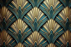 An elegant art deco pattern featuring intricate fan shapes in gold and teal col, a Pattern Graphic by Textures & Backgrounds