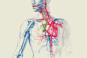 Anatomical sketch of human male upper body showing heart, veins,, a Health & Medical Photo by José Manuel Gelpi