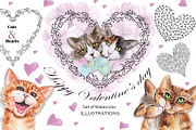 Valentine's Day Watercolor Cats, an Animal Illustration by TanataDesign (Thumbnail 2 of 10)