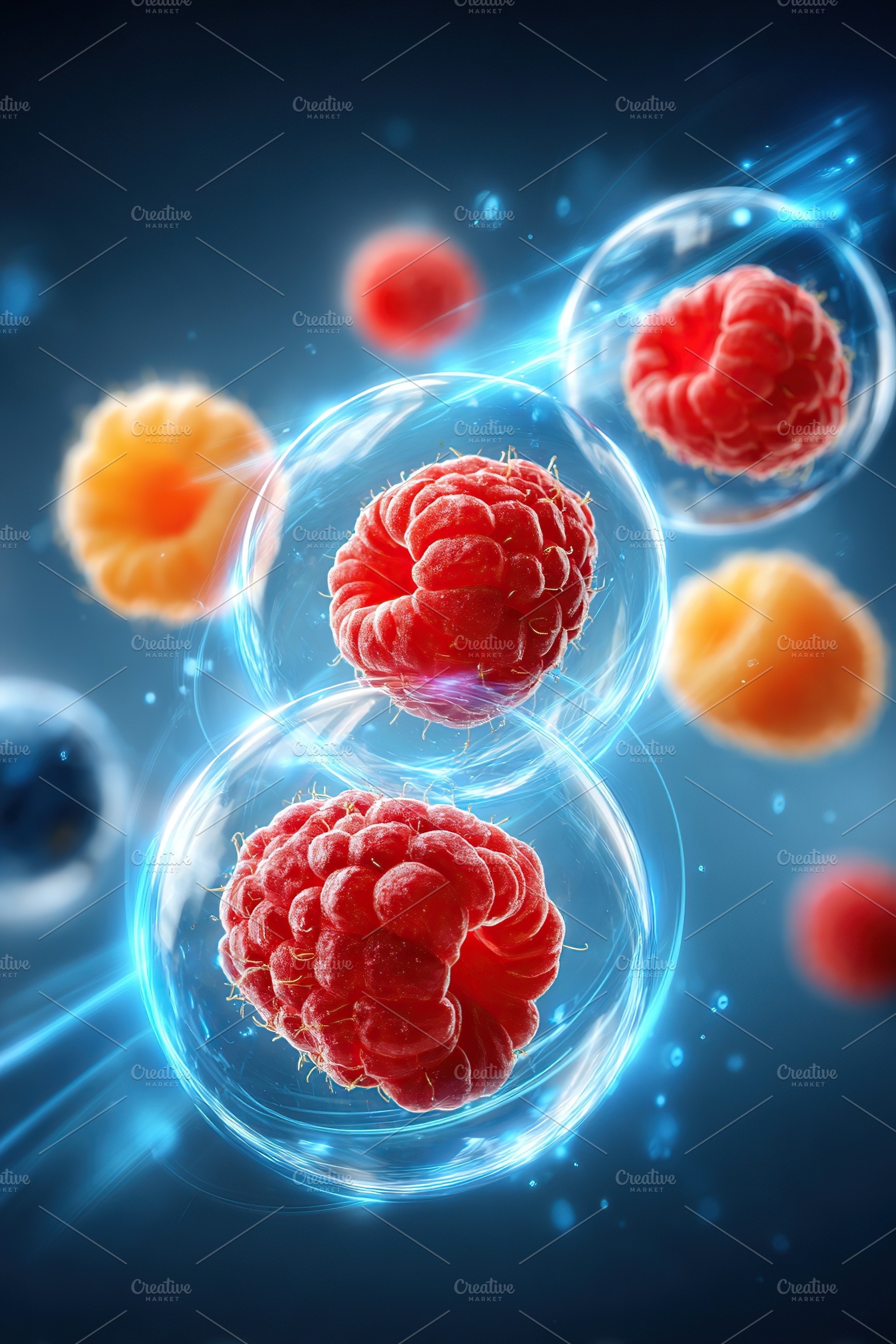 Mixed berries floating in a vibrant, abstract space with glowing effects, a Food & Drink Photo by AlyaAnd