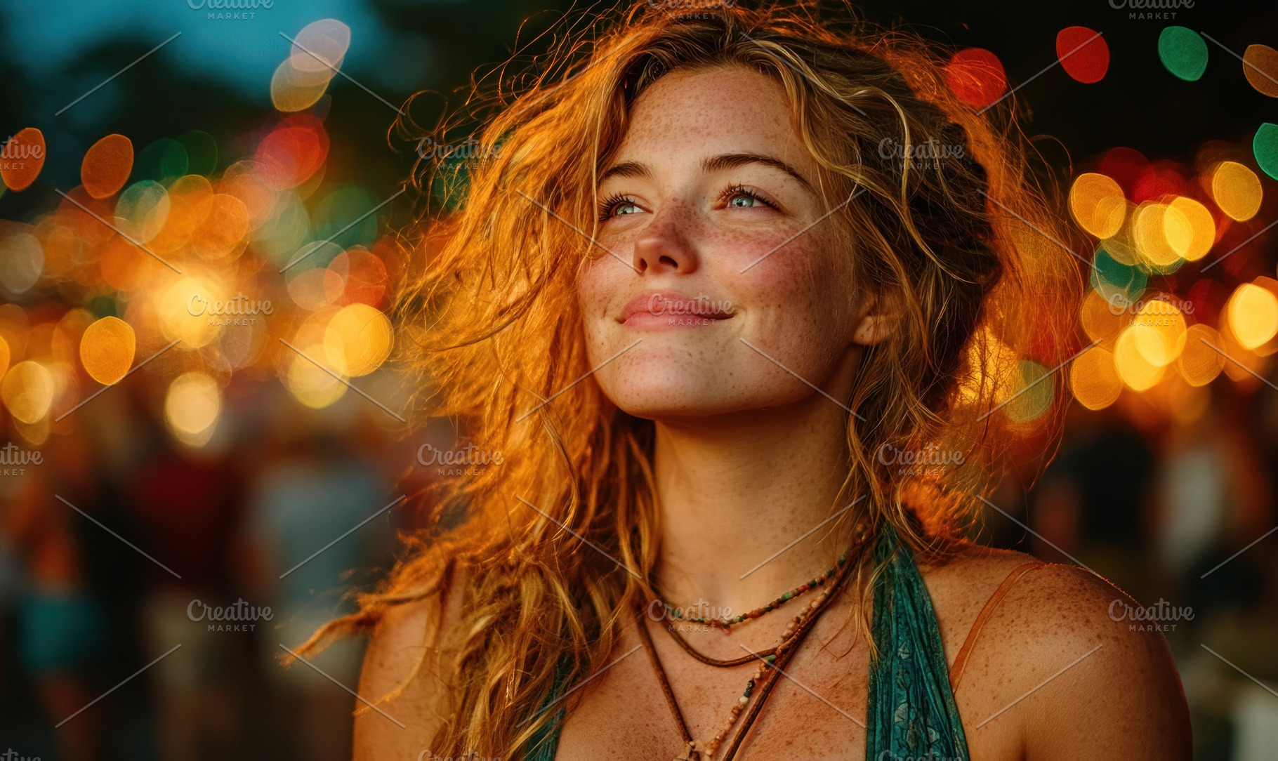 Smiling young woman with freckles and wavy hair at night festiva, a Person Photo by José Manuel Gelpi