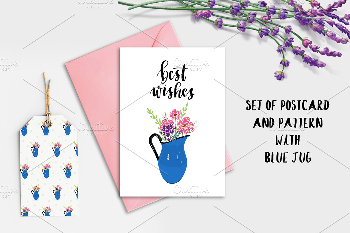 Postcard and pattern with blue jug, a Pattern Graphic by Lyolya Profitrolya (Photo 1 of 3)