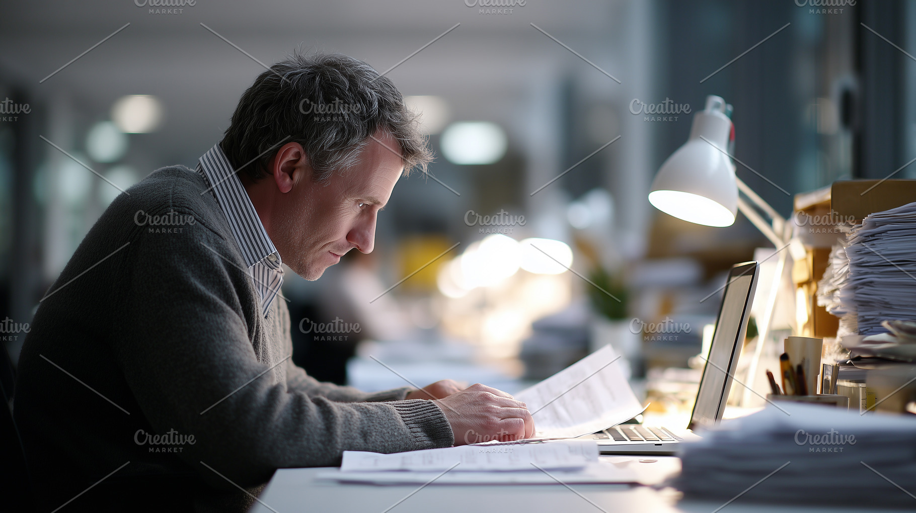Focused office worker analyzing, a Business Photo by MistyDay