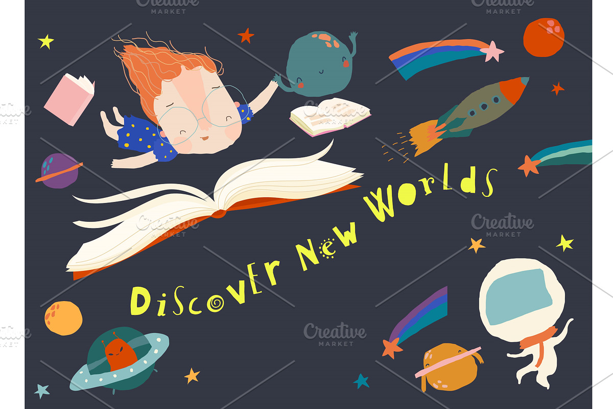 Cute Little Girl flying with Books, a Person Illustration by Maria Starus