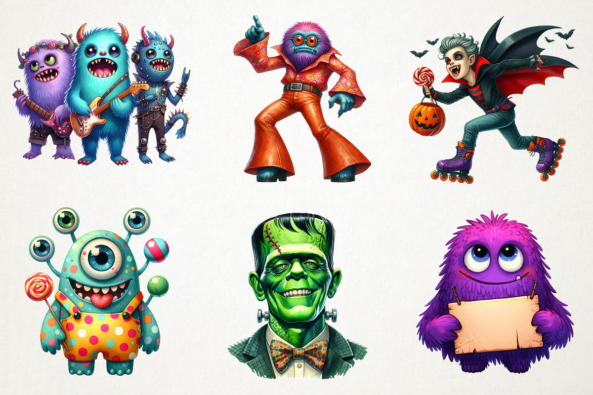 Cute Halloween Retro Monsters PNG, an Illustration by RobertsArt (Photo 3 of 7)