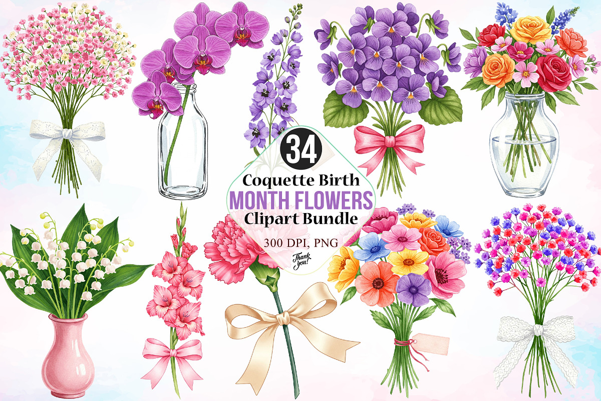 Coquette Birth Month Flowers Clipart, a Seasonal Illustration by Canvas Craft (Photo 1 of 5)