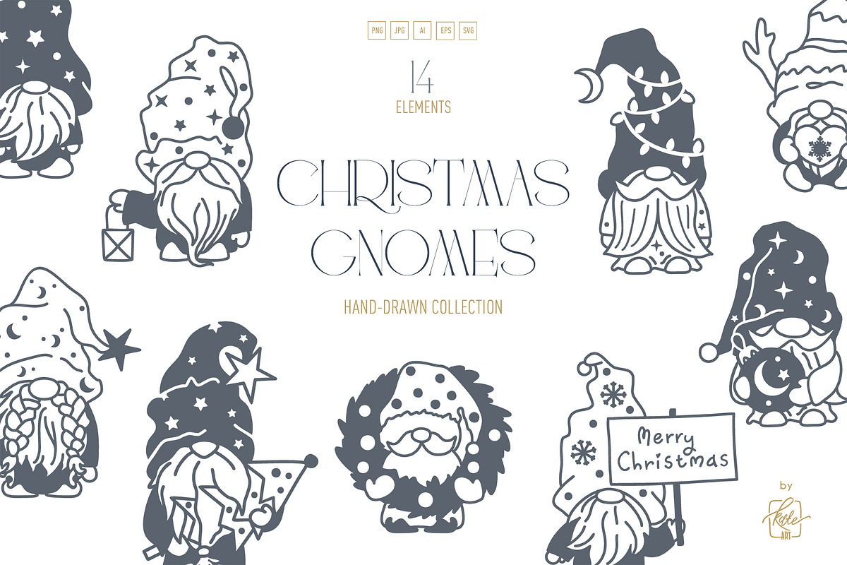 CHRISTMAS GNOMES LINE ART, a Seasonal Illustration by Kate Art (Photo 1 of 6)