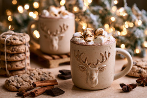 Hot chocolate and cookies on table