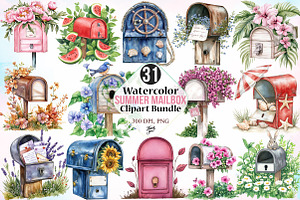 Watercolor Summer Mailbox Clipart, an Illustration by Canvas Craft