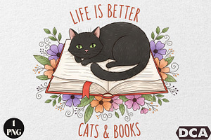 Life is Better,Cat And Books, an Illustration by DreamCafeArt