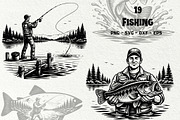 Vintage Fishing Engraving Graphics, a Sport Illustration by DENIDigitalArtSudio (Thumbnail 1 of 8)