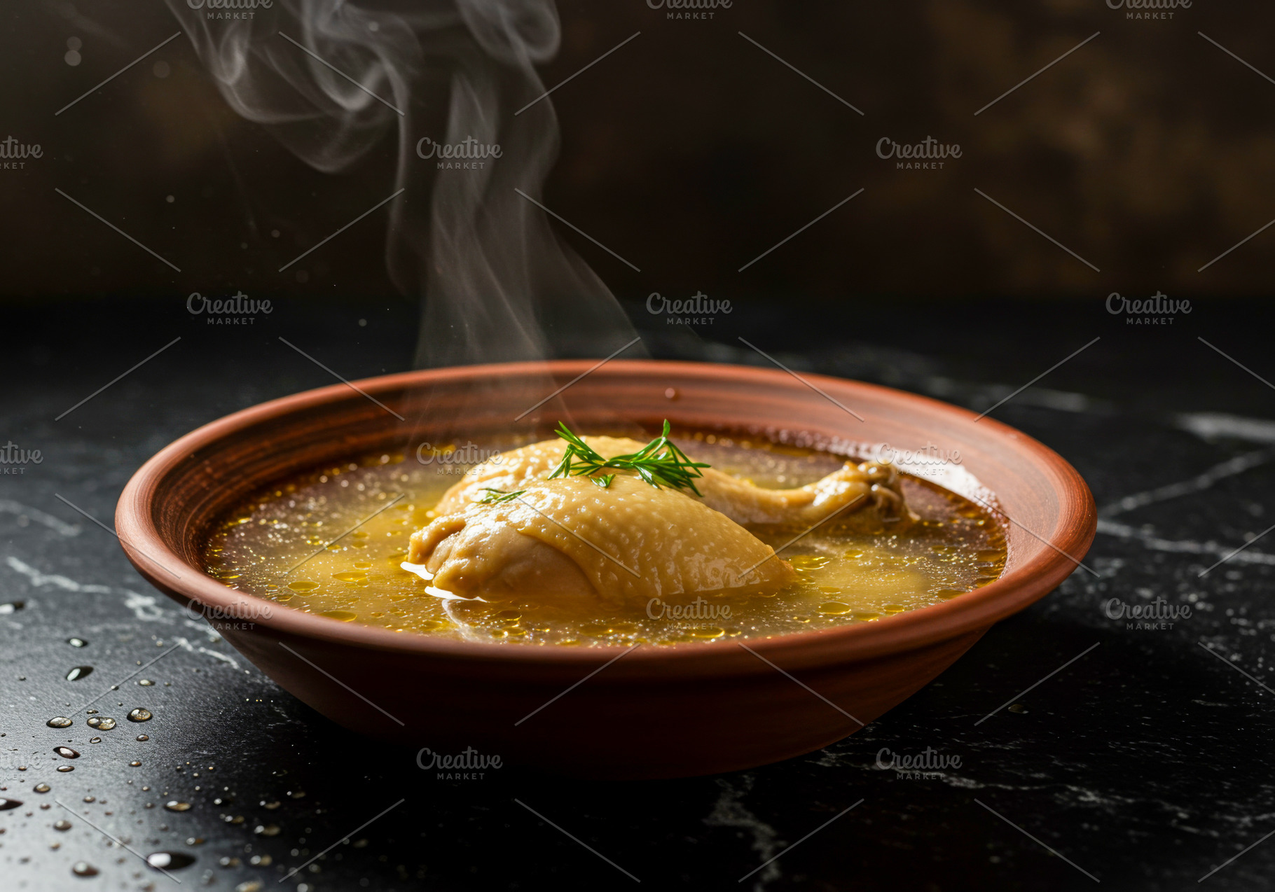 Hot chicken broth with whole chicken, a Food & Drink Photo by professorinc