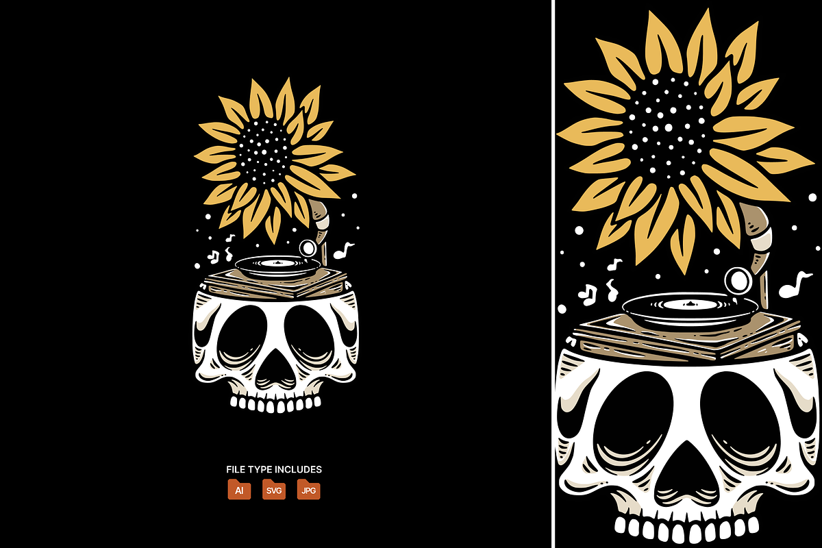 Sunflower Gramophone Skull Vector, an Object Illustration by Decoconio Design (Photo 1 of 3)
