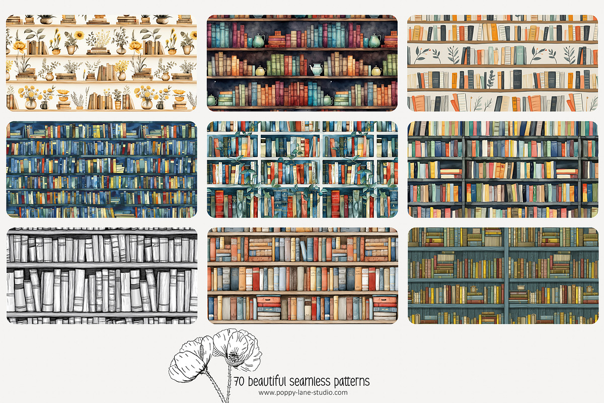 70 bookshelf seamless pattern, a Pattern Graphic by Poppy Lane Studio