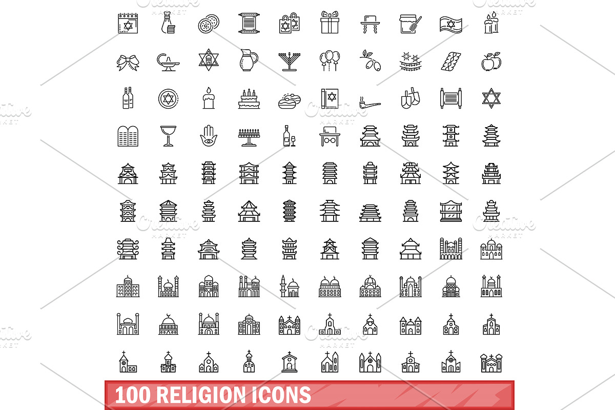 100 religion icons set, outline, an Illustration by Ylivdesign