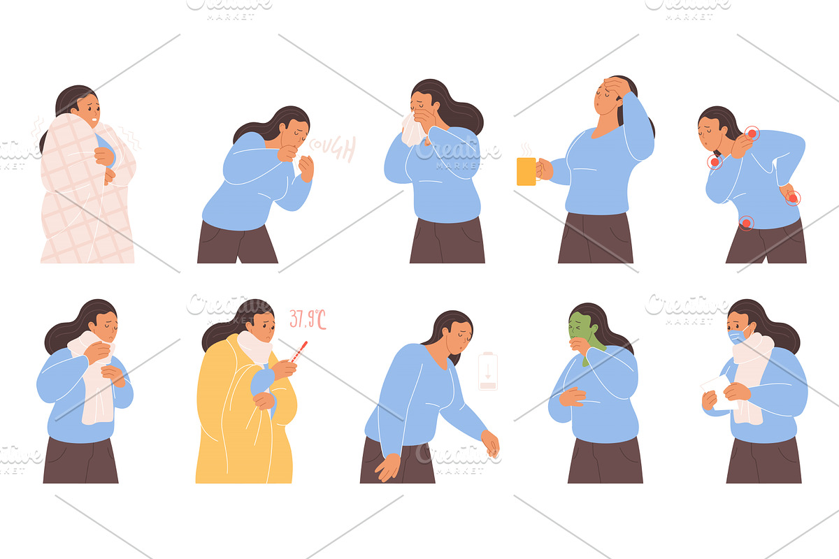 Woman Cold Symptoms Cartoon Vector, an Object Illustration by Lemberg Vector