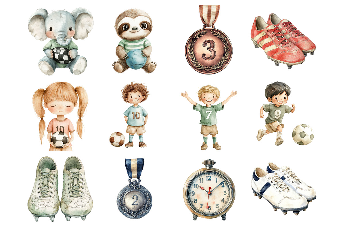 Watercolor Kids Cute Soccer Clipart, a Seasonal Illustration by Design Market (Photo 7 of 8)