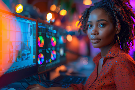 Young Female Editor Working in a Vibrant Film Studio on a Color Grading Project, a Photo by AS photostudio