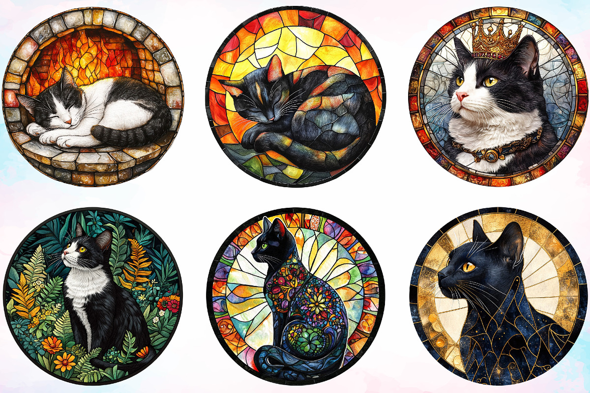 Round Stained Glass Tuxedo Cat, an Illustration by Canvas Craft (Photo 4 of 4)