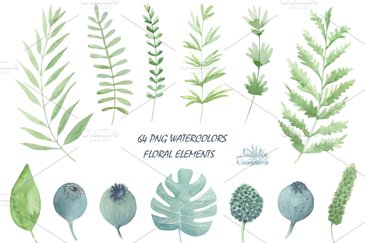 Big green set in watercolor., a Texture Illustration by BrushArtDesigns (Photo 2 of 9)