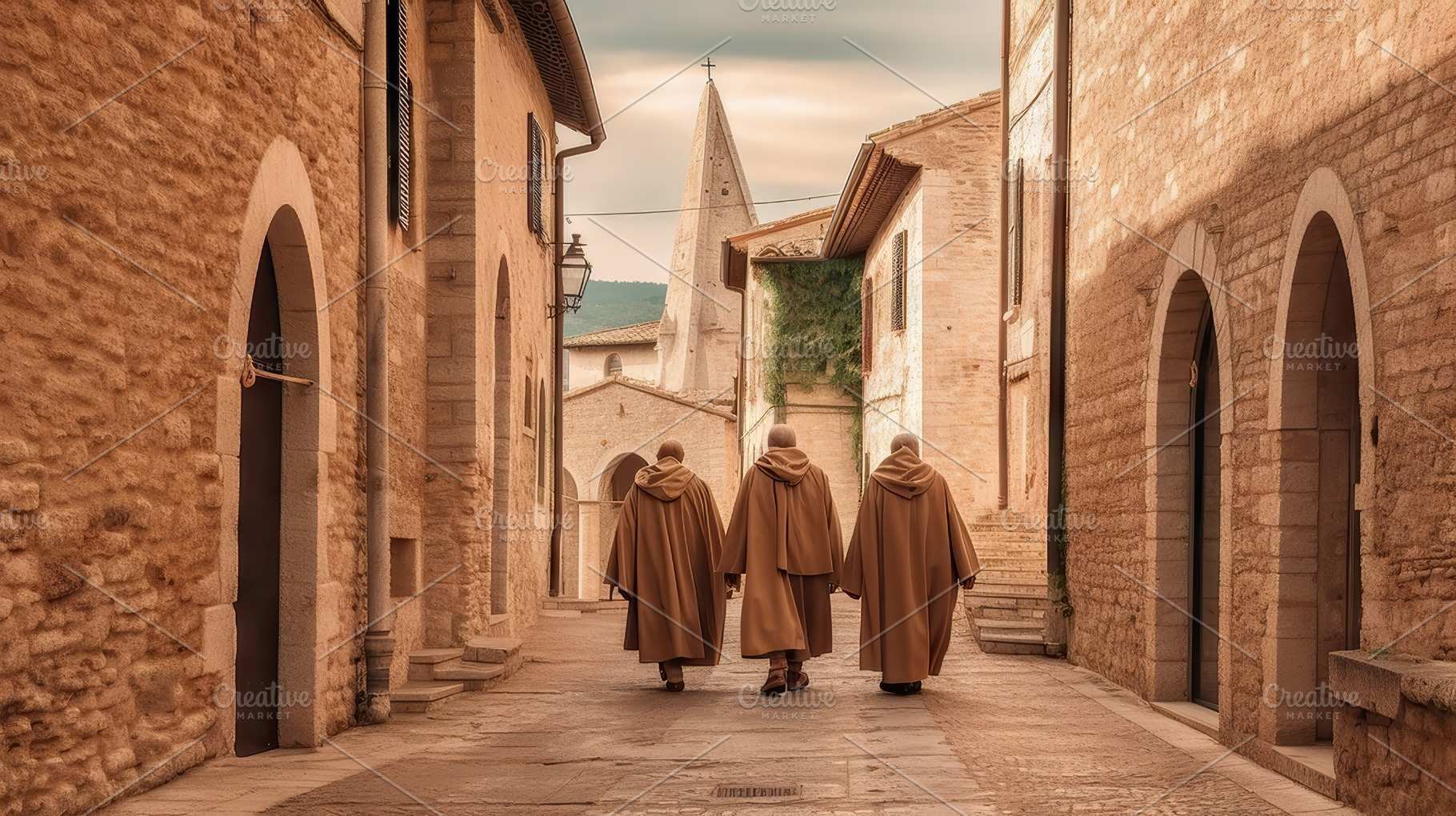 Three Franciscan Monks Walking Down a Cobblestone Street in a Historic Town Dur, a Photo by AS photostudio