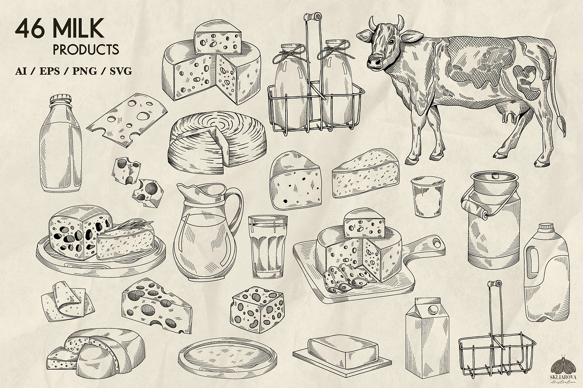 Milk products line art + Procreate, a Food Illustration by Skliarova (Photo 3 of 3)