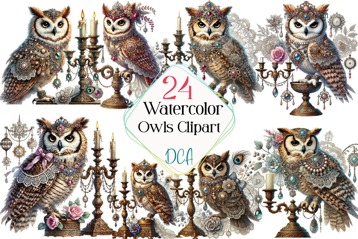 Watercolor Owls Clipart, an Illustration by DreamCafeArt (Photo 1 of 5)