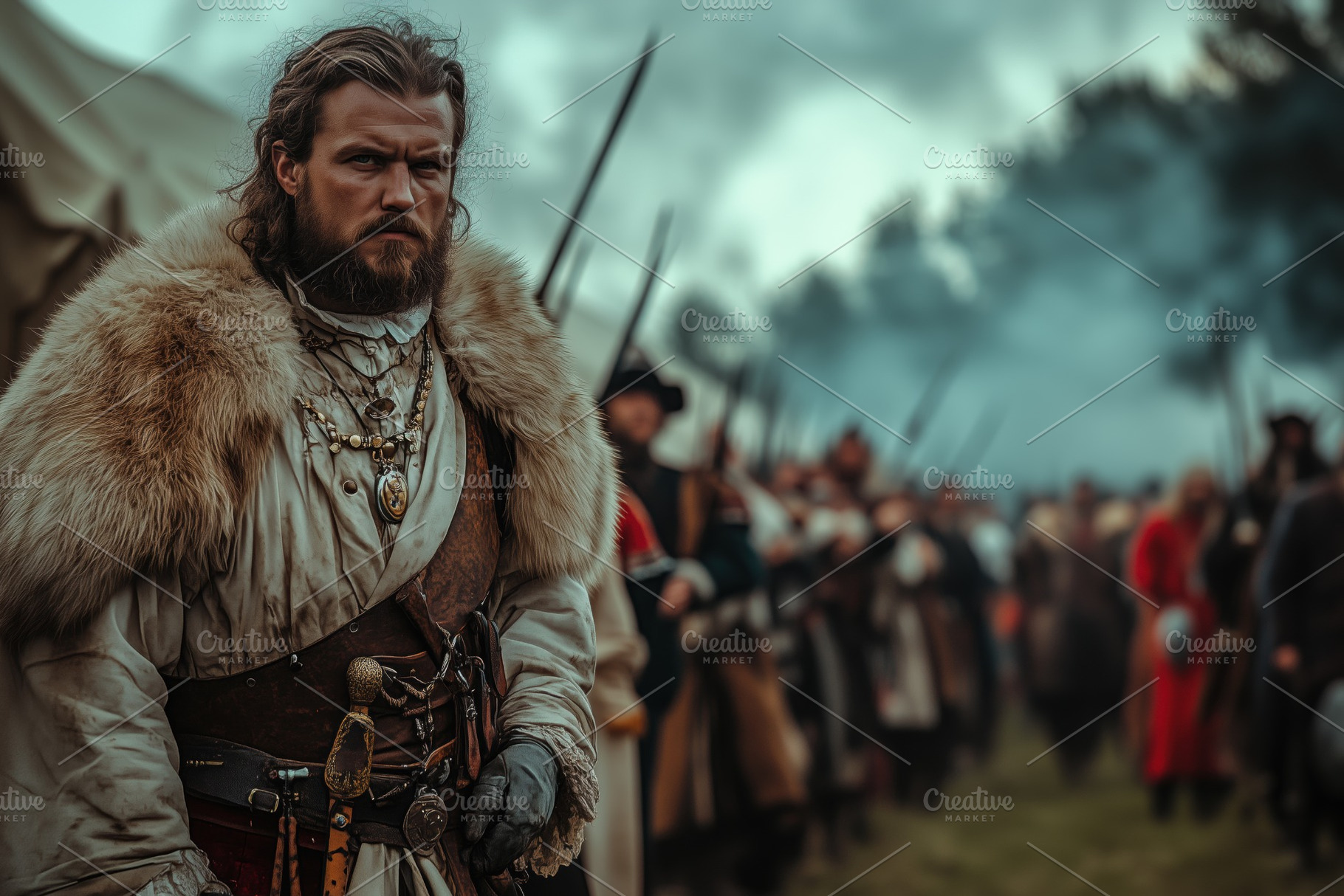 A rugged warrior dressed in historical attire with a fur cloak, standing in a b, a Person Photo by Textures & Backgrounds
