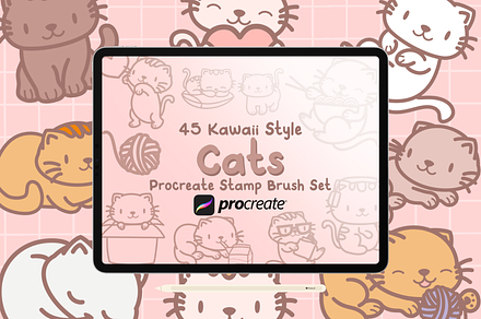 Procreate Stamp - Kawaii Cats, a Brush Add-On by HalieKStudio