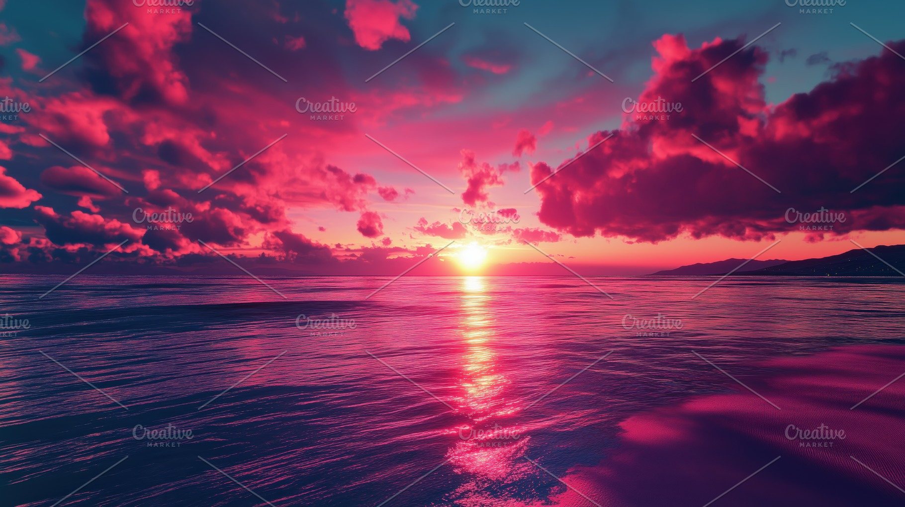 A vibrant sunset over a calm ocean, with pink and purple hues in the sky and re, an Industrial Photo by Textures & Backgrounds