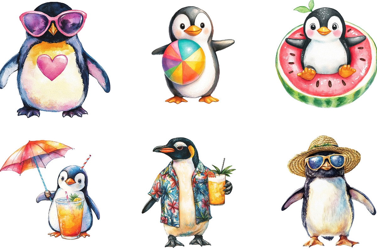Watercolor Summer Penguin Clipart, a Seasonal Illustration by Designking (Photo 2 of 5)