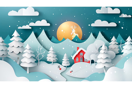Christmas landscape with reindeer, an Illustration by Sergey Kotenev