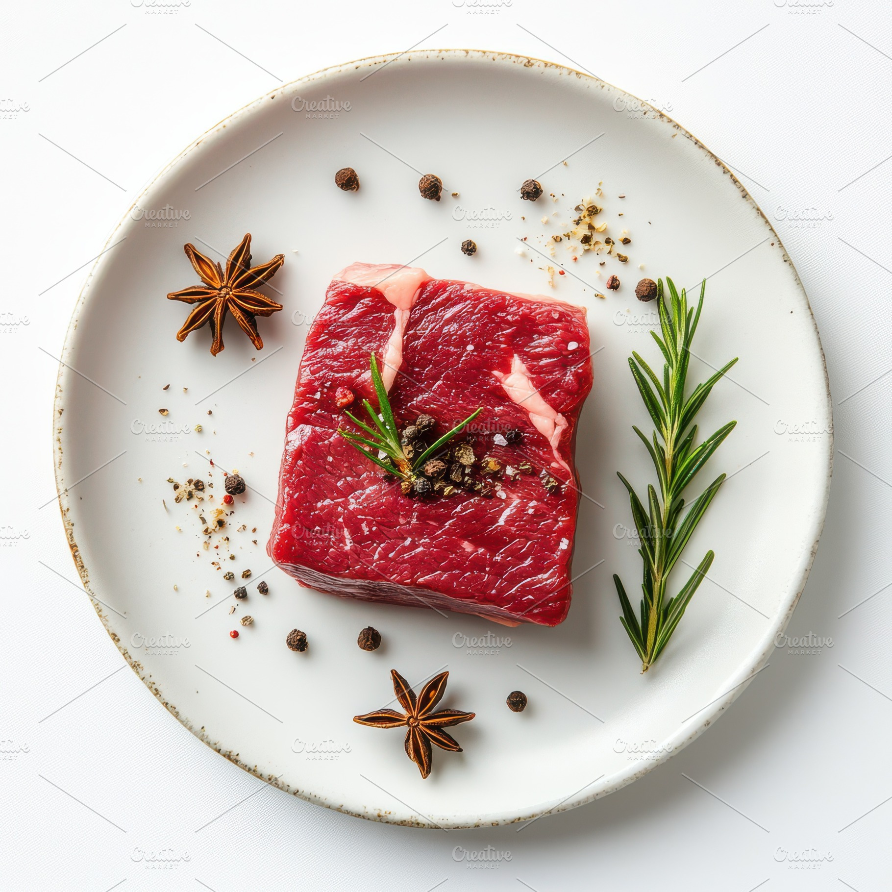 Raw beef steak with rosemary and all, a Food & Drink Photo by Pixeness Studio