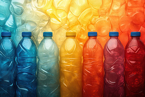 Colorful arrangement of water bottle, a Photo by Tanuart
