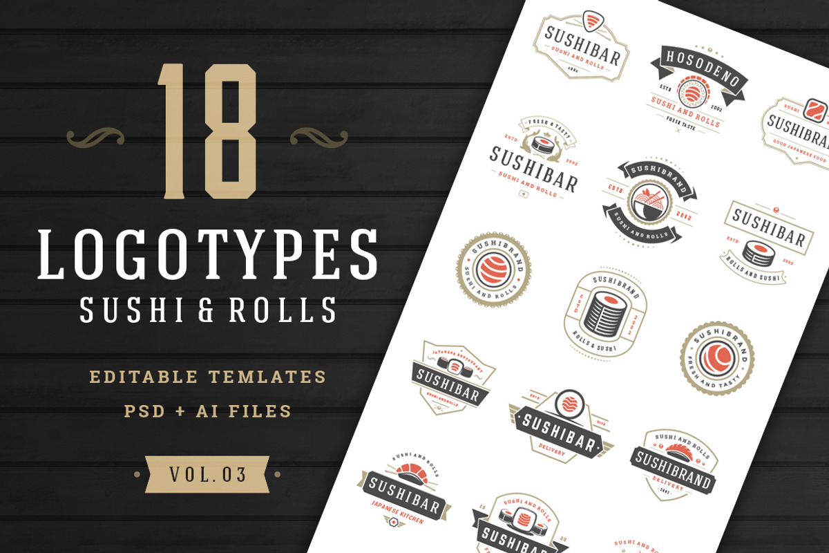 18 Sushi Bar Logos and Badges, a Branding & Logo Template by Vasya Kobelev (Photo 1 of 13)