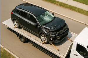 A damaged black car with a shattered, a Transportation Illustration by Sergey Kotenev