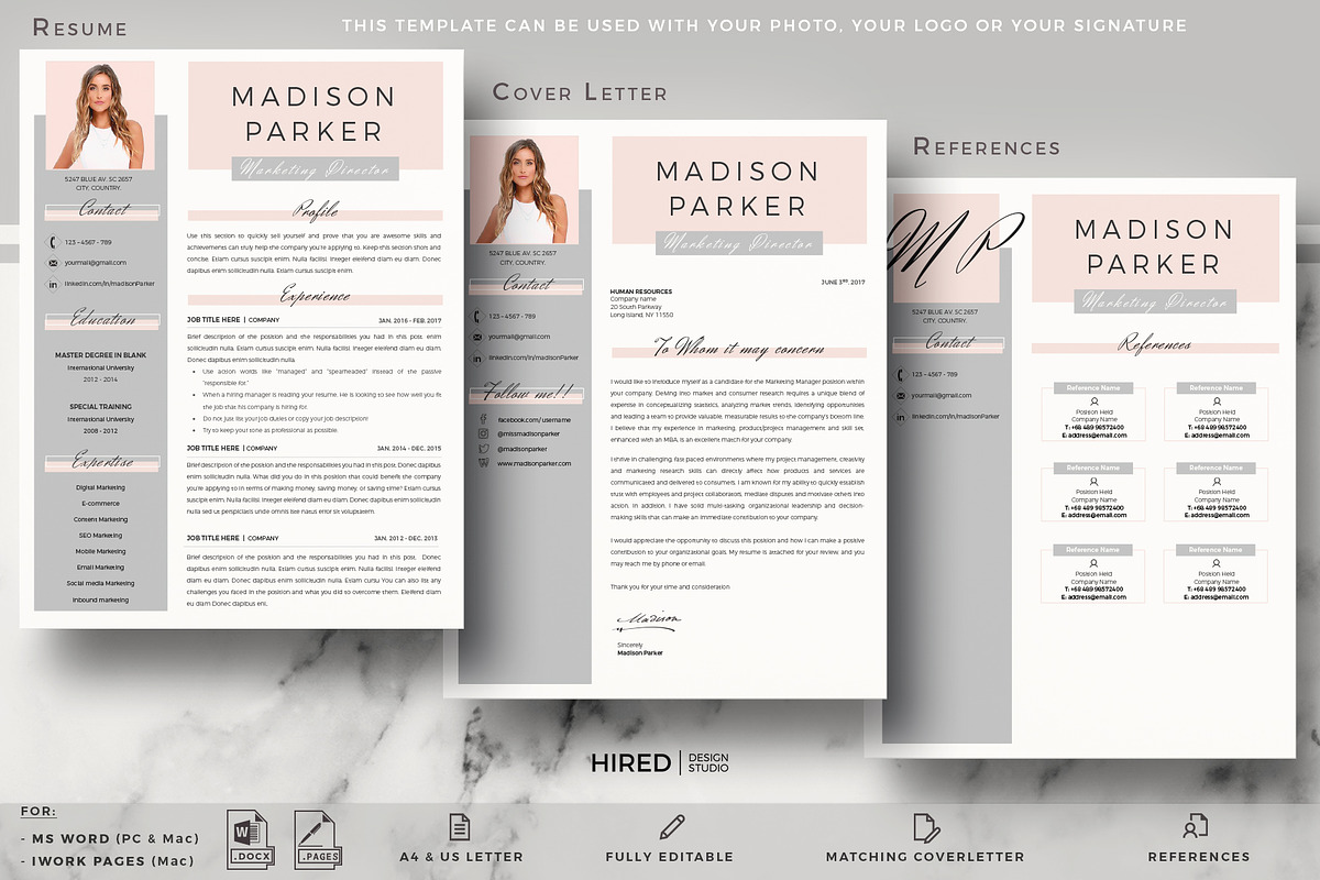 Creative Resume for Word & Pages, a Resume Template by HIRED Design Studio (Photo 3 of 11)